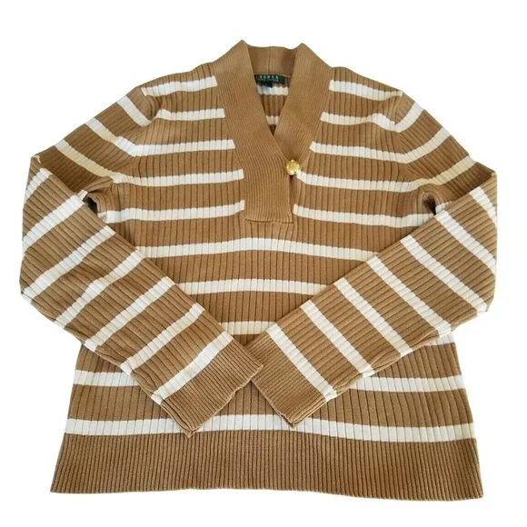 Lauren Ralph Lauren Sweater Womens Size XL Striped Brown White Button Accent - Picture 5 of 12